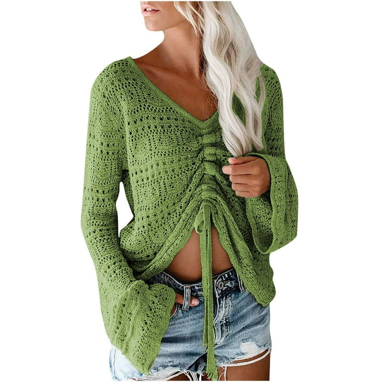 New Fringed Hollow V-Neck Trumpet Sleeve Sweater New Fringed Hollow V-Neck Trumpet Sleeve Sweater