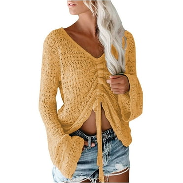 Womens Boho Sheer Knitted Hollow Out Crop Tops Bell Sleeve Flowy Oversized Crochet Ruched V Neck Pullover Sweaters
