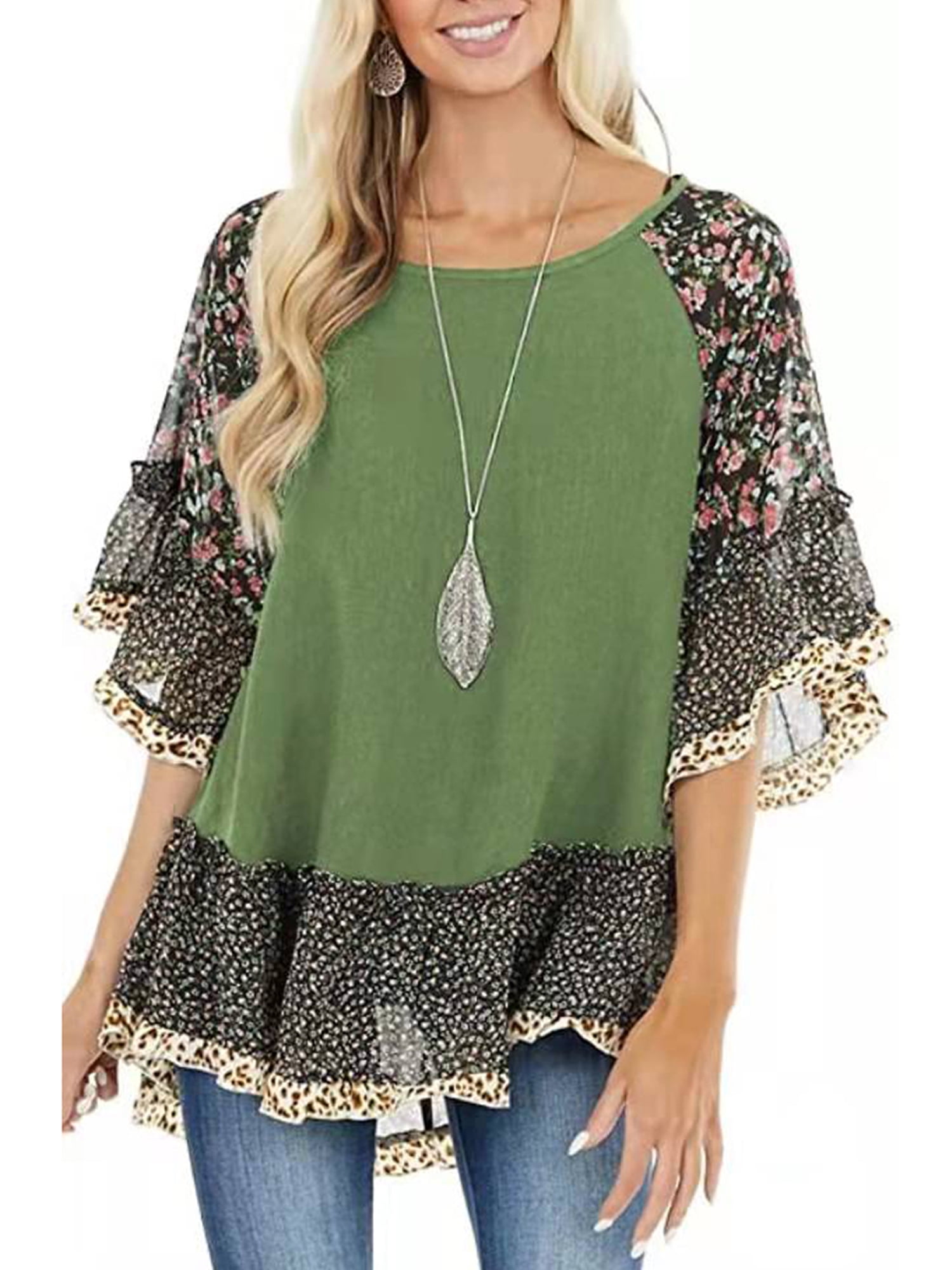 Womens Boho Shirts 3 4 Sleeve Round Neck Leopard Floral Patchwork Blouse Tops Casual Plus Size Shirt Walmart Business Supplies