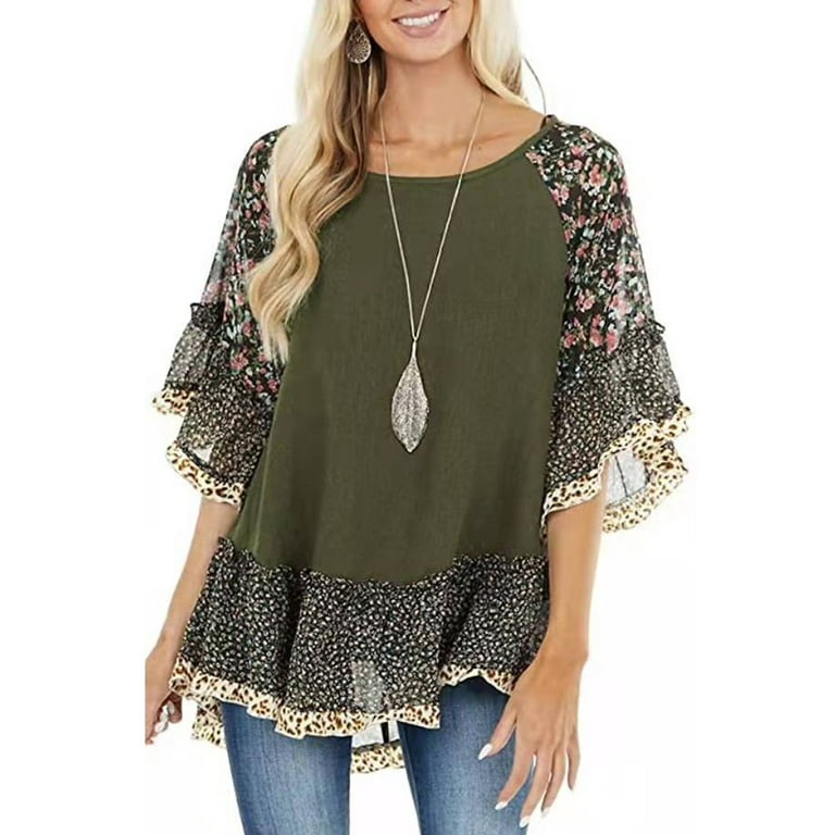 Womens Boho Shirts Ruffle 3/4 Sleeve Crew Neck Blouse Leopard Floral Print  Patchwork Tunic Tops Plus Size Summer Hippie Clothing