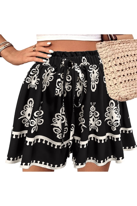 Womens Boho Shorts Fashion Floral Print Elastic High Waist Wide Leg Shorts Summer Drawstring Loose Flowy Short Pant Black 2XL
