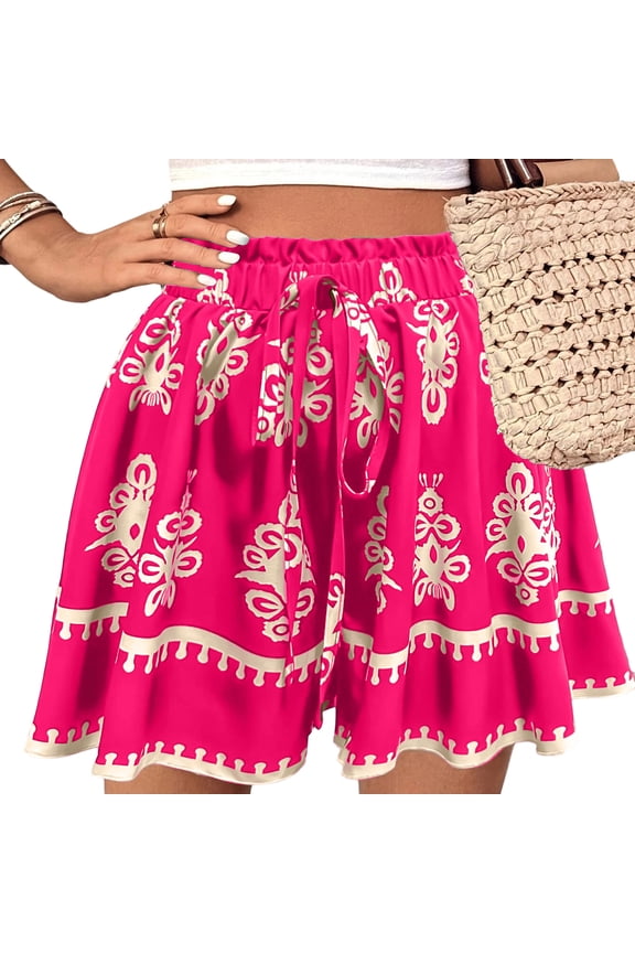 Womens Boho Shorts Fashion Floral Print Elastic High Waist Wide Leg Shorts Summer Drawstring Loose Flowy Short Pant Hot Pink L