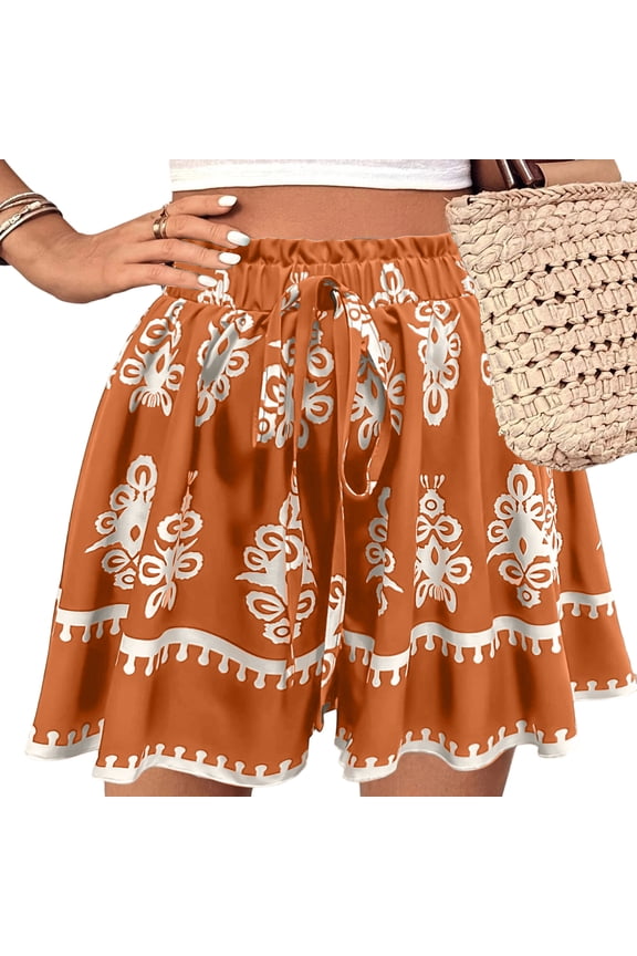 Womens Boho Shorts Fashion Floral Print Elastic High Waist Wide Leg Shorts Summer Drawstring Loose Flowy Short Pant Orange L