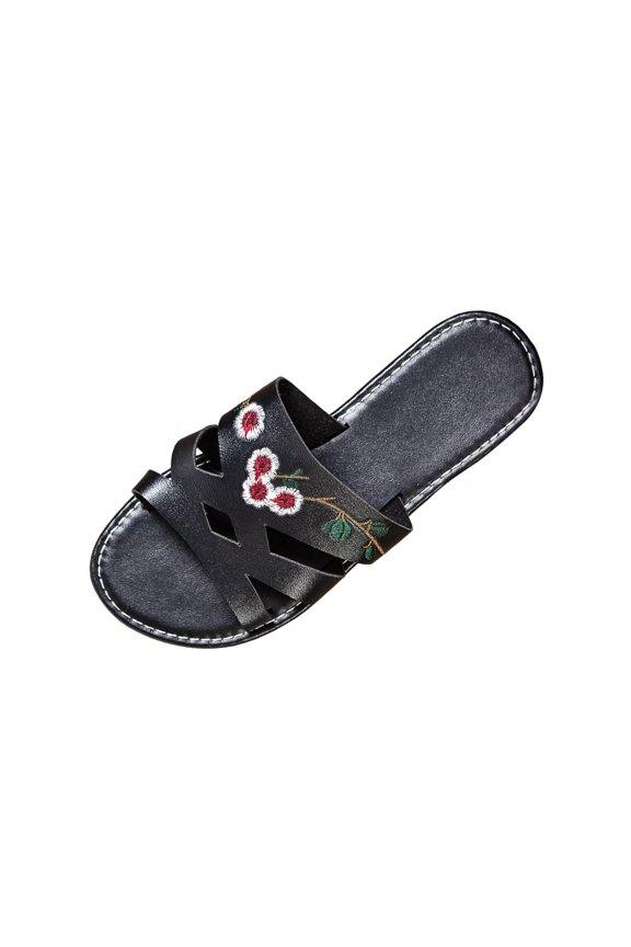 Womens Boho Slide Sandals Floral Embroidered Crisscross Strap Comfortable Cushioned Insole Lightweight PU Open Toe Slip On Flat Beach Vacation Summer Black,Size 7.5
