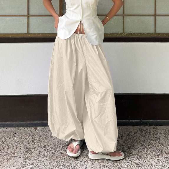 Womens Boho Summer Baggy Cotton Pleated Harem Pants Loose Elastic Waist Wide Leg Hippie Long Balloon Pants Beige S