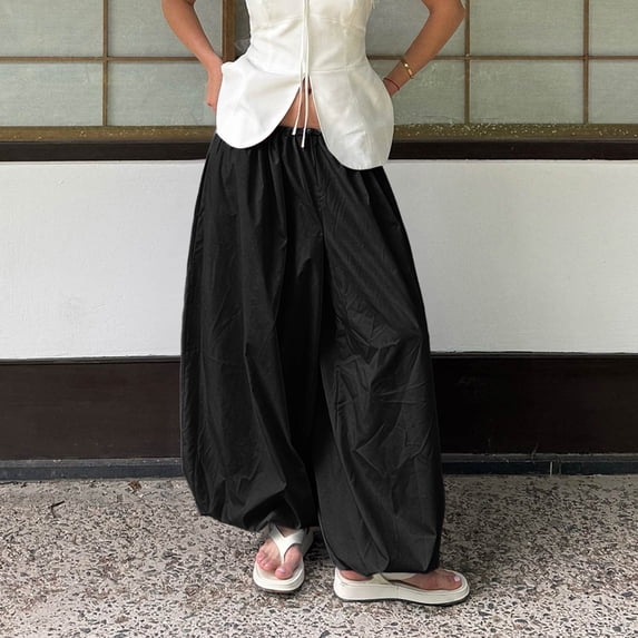 Womens Boho Summer Baggy Cotton Pleated Harem Pants Loose Elastic Waist Wide Leg Hippie Long Balloon Pants Black S