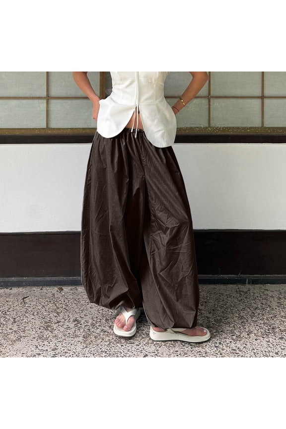 Womens Boho Summer Baggy Cotton Pleated Harem Pants Loose Elastic Waist Wide Leg Hippie Long Balloon Pants Brown L