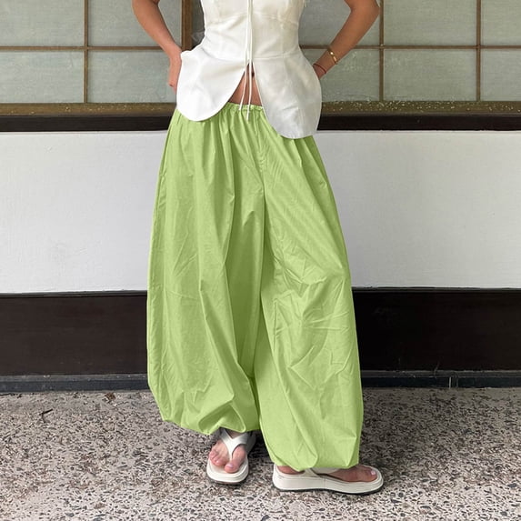 Womens Boho Summer Baggy Cotton Pleated Harem Pants Loose Elastic Waist Wide Leg Hippie Long Balloon Pants Light Green M
