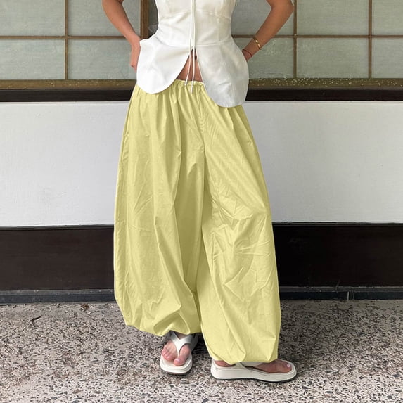 Womens Boho Summer Baggy Cotton Pleated Harem Pants Loose Elastic Waist Wide Leg Hippie Long Balloon Pants Yellow L
