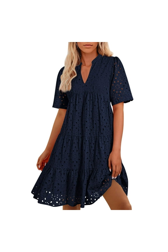 Womens Boho Summer Dresses Resort V Neck Short Sleeve Hollow Out Lace Ruffle Casual Beach Mini Vacation Dress