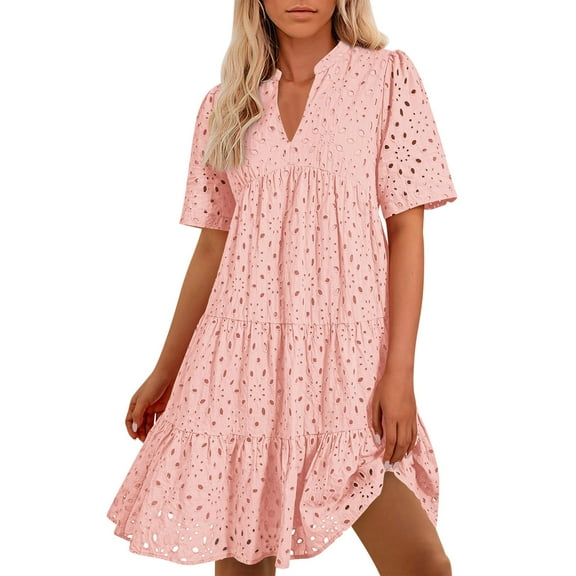 Womens Boho Summer Dresses Resort V Neck Short Sleeve Hollow Out Lace Ruffle Casual Beach Mini Vacation Dress