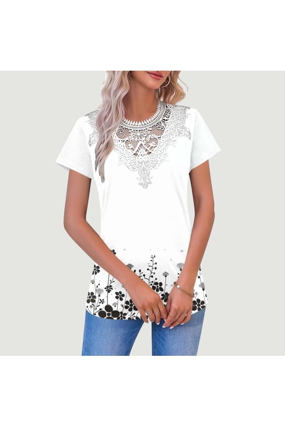 Womens Boho T-Shirt with Lace Neck & Floral Hem Print, Loose Fit Short Sleeve Top, Breathable Polyester Blend Tee,Size 2XL