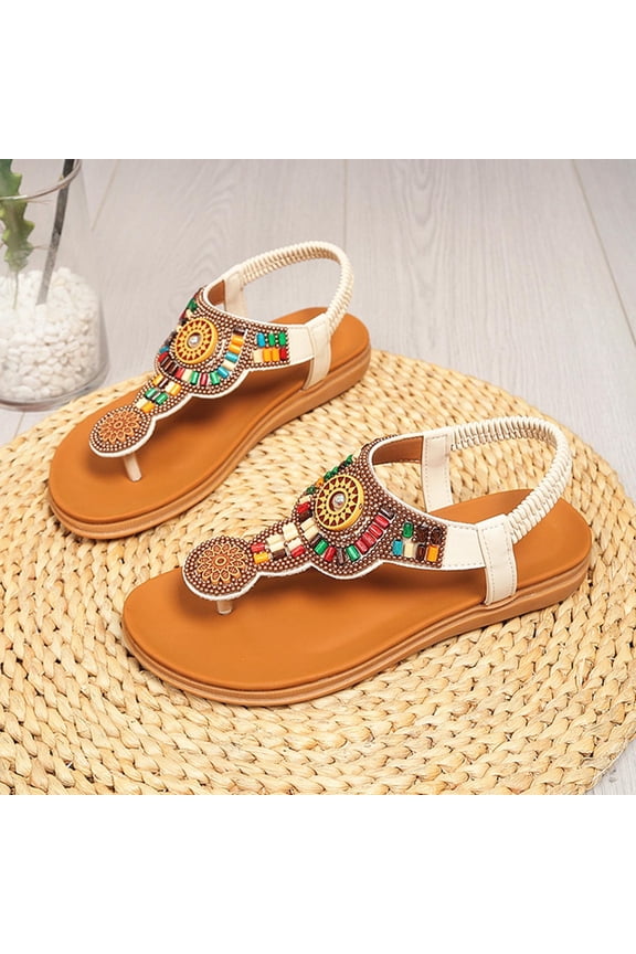 Womens Boho T-Strap Sandals Embellished Beaded Flat Sandals Comfort Cushioned Insole Summer Bohemian Beach Shoes Beige,Size 43