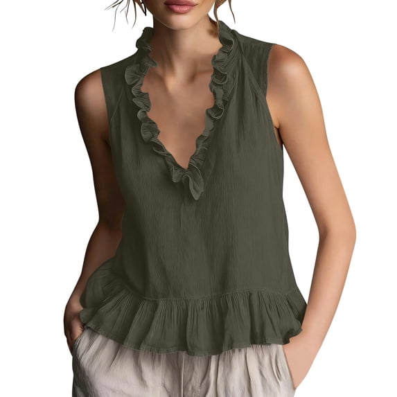 Womens Boho Tank Tops Ruffled V Neck Pleated Babydoll Top Sleeveless Cute Coquette Shirt Summer Outfits