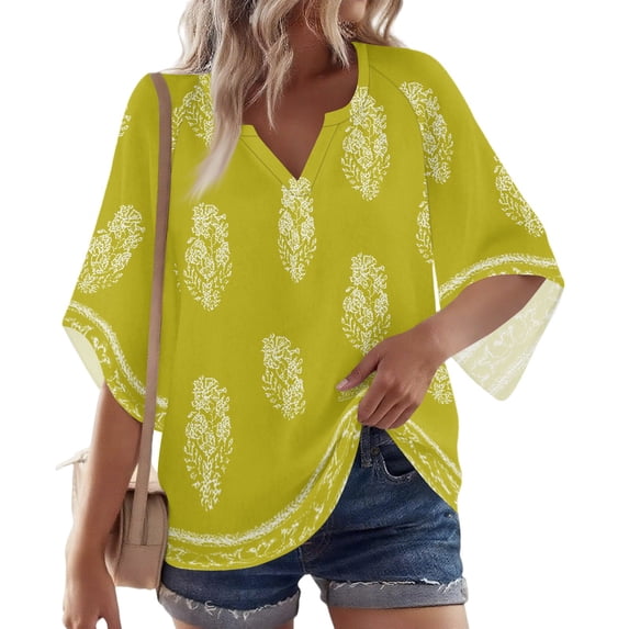 Womens Boho Tops 3/4 Sleeve V Neck Cotton Tunic Flowy Shirt – Casual Loose Fit Summer Bohemian Peasant Blouse,L