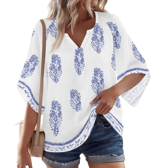 Womens Boho Tops 3/4 Sleeve V Neck Cotton Tunic Flowy Shirt – Casual Loose Fit Summer Bohemian Peasant Blouse,M