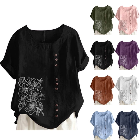 Womens Boho Tops Casual Pluz Sise Tops for Women Women Casual And Linen Round-Neck Printed Short Sleeve Button T-shirt Blouse Navy XXXXXL