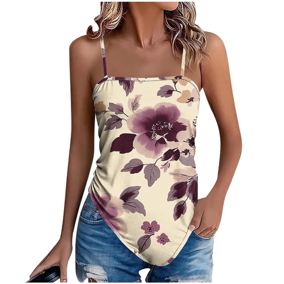 Womens Boho Tops Cute Halter Asymmetrical Square Neck Sleeveless Pullover Loose Vintage Floral Graphic Tank Tops for Summer