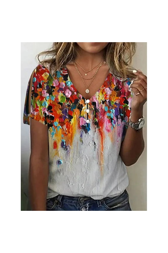 Womens Boho Tops Floral Short Sleeve V Neck Shirts Dressy Casual Summer Blouses Plus Size Button Clod Shoulder Tops, 2026 New Limit time off