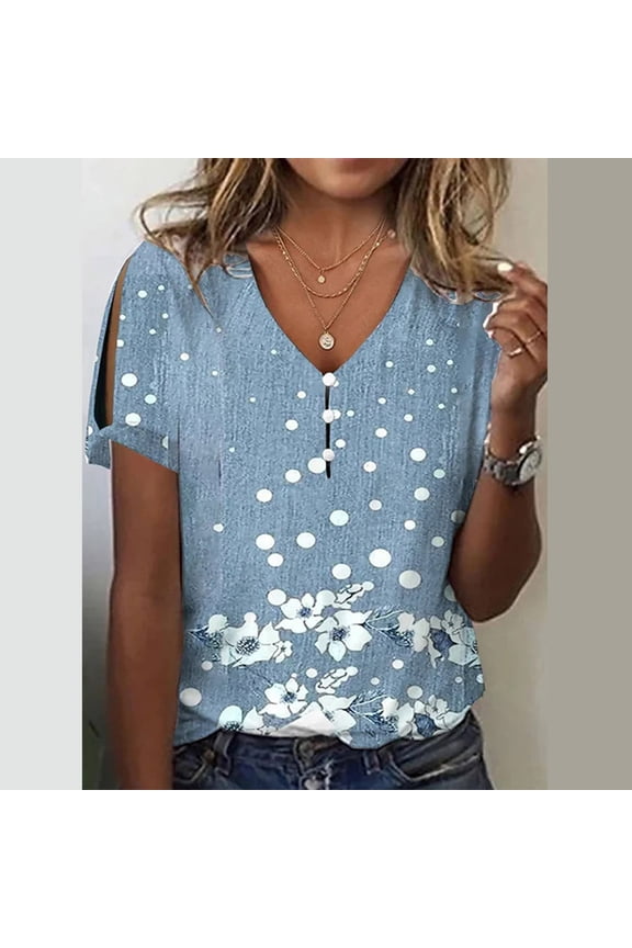 Womens Boho Tops Floral Short Sleeve V Neck Shirts Dressy Casual Summer Blouses Plus Size Button Clod Shoulder Tops, 2026 New Limit time off