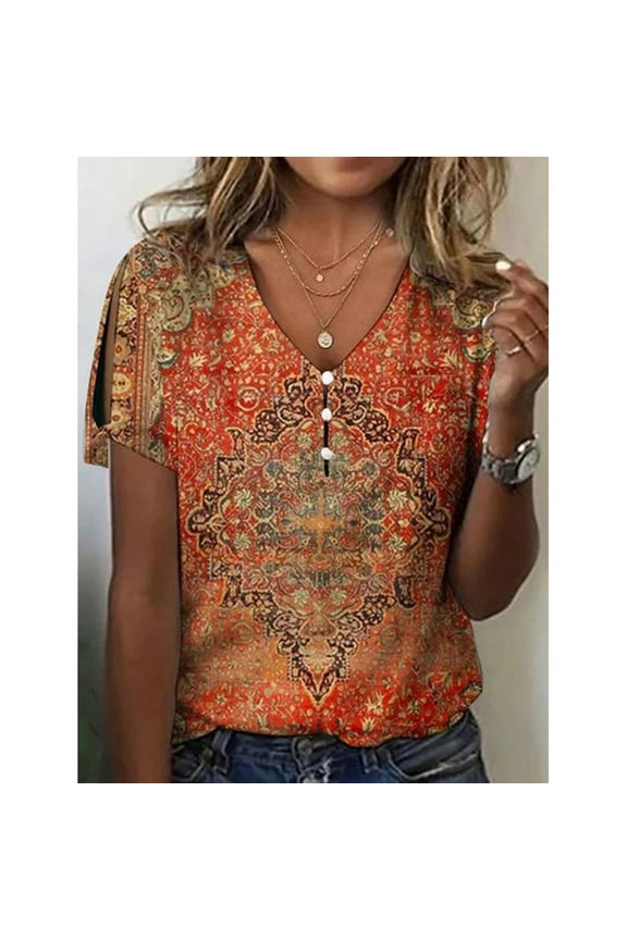Womens Boho Tops Floral Short Sleeve V Neck Shirts Dressy Casual Summer Blouses Plus Size Button Clod Shoulder Tops, 2026 New Limit time off