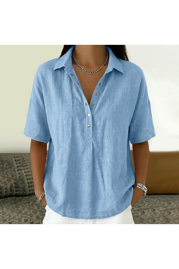 Womens Boho Tops Striped Print V Neck Shirts 3/4 Ruffle Sleeve Button Decor Flowy Casual Blouses