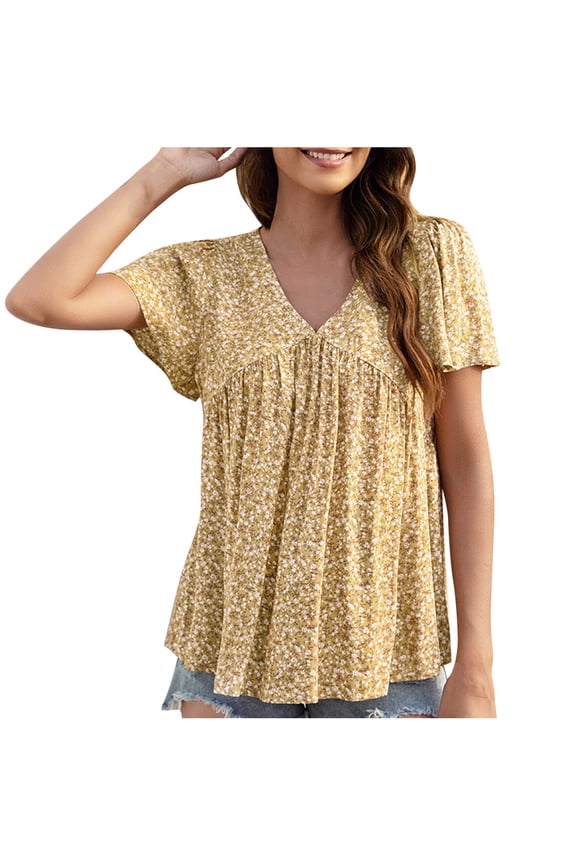 Womens Boho Tunic Tops, Short Sleeve Shirts for Women Summer Casual Floral Printed Flowy V Neck Dressy Blouses