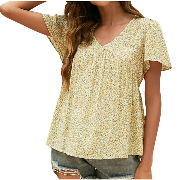 Womens Boho Tunic Tops, Short Sleeve Shirts for Women Summer Casual Floral Printed Flowy V Neck Dressy Blouses