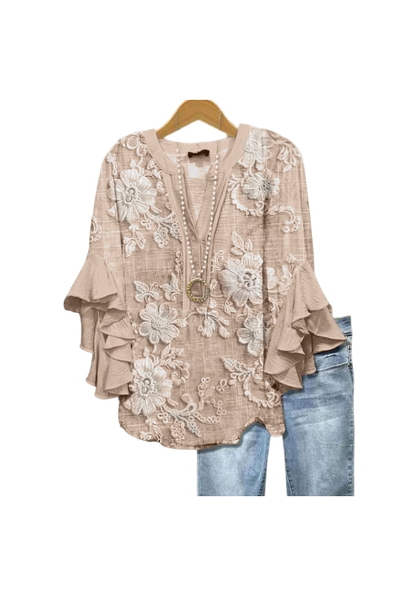Womens Boho V Neck Blouse Floral Embroidered Lace Crochet Tops 3/4 Ruffle Bell Sleeve Tunic Top Vintage Lace Print Loose Fit Casual Pullover Shirt