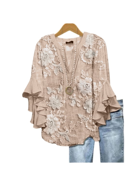 Womens Boho V Neck Blouse Floral Embroidered Lace Crochet Tops 3/4 Ruffle Bell Sleeve Tunic Top Vintage Lace Print Loose Fit Casual Pullover Shirt