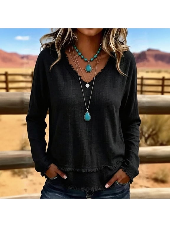 Womens Boho V-Neck Cotton Linen Blouses Frayed Solid Color Long Sleeve Tops Fall Casual Loose Lightweight Clothes Black L