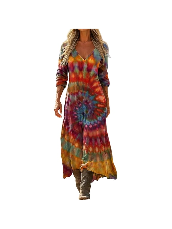 Womens Boho V-Neck Long Sleeve Maxi Ethnic Dress Trendy Loose-Fit Casual Flowy Tunic Dress Vintage Western Vacation Outfit Daily Travel Party Outfits