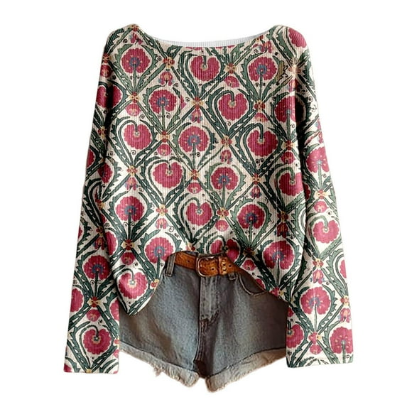 Womens Boho Vintage Tunic Tops Oversized Floral Casual Graphic Pullover Shirts Fall Long Sleeve Boat Neck Cute Blouses