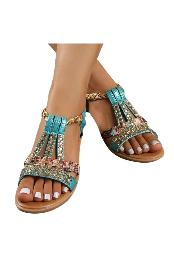Womens Boho Wedge Sandals Ethnic Beach Summer Open Toe Elastic Slingback Low Heel Dressy Sandals for Ladies