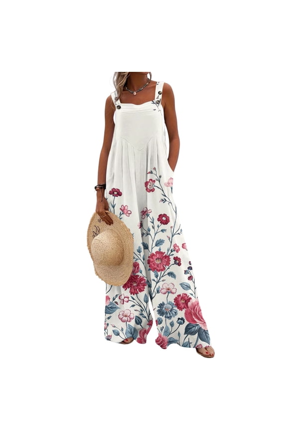 Womens Boho Wide Leg Jumpsuit Sleeveless Casual Loose Fit Summer Floral Print Baggy Romper With Pockets M
