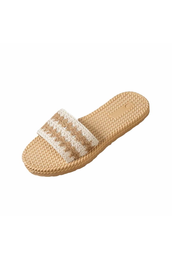 Womens Boho Woven Slide Sandals with Stretchable Upper, Comfortable Lightweight Slip-Resistant Casual Beach Slides for Women, Beige White Striped,Size 8.5