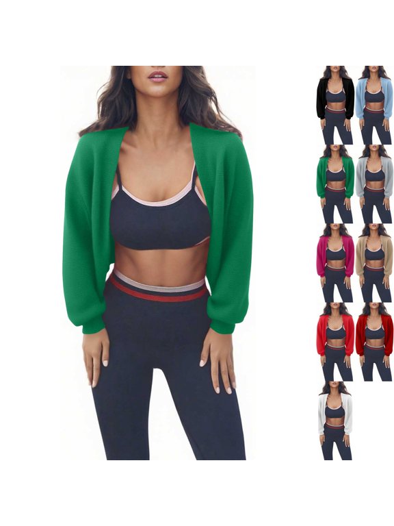 Womens Bolero Shrug Open Front Cropped Cardigan Lightweight Long Sleeve Drop Shoulder Shawl Tops for Ballet Pilates Yoga Cover Up, Green, M