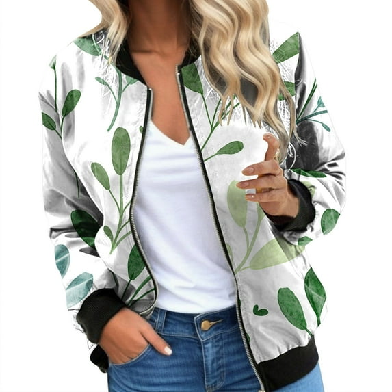 Womens Bomber Jacket 2025 Long Sleeve Zip Up Floral Outerwear Lightweight Loose Casual Fall Cardigan Coats With Pockets