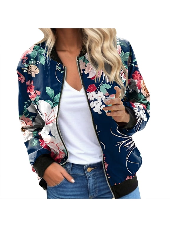 Womens Bomber Jacket 2025 Long Sleeve Zip Up Floral Outerwear Lightweight Loose Casual Fall Cardigan Coats With Pockets