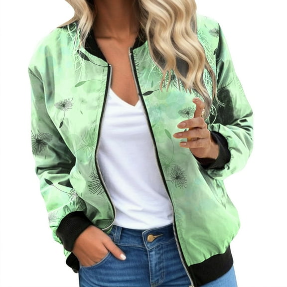 Womens Bomber Jacket 2025 Long Sleeve Zip Up Floral Outerwear Lightweight Loose Casual Fall Cardigan Coats With Pockets