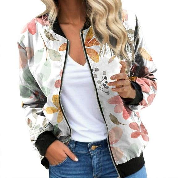Womens Bomber Jacket 2025 Long Sleeve Zip Up Floral Outerwear Lightweight Loose Casual Fall Cardigan Coats With Pockets