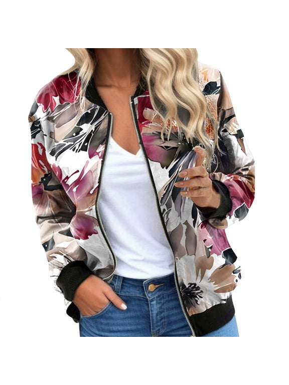 Womens Bomber Jacket 2025 Long Sleeve Zip Up Floral Outerwear Lightweight Loose Casual Fall Cardigan Coats With Pockets