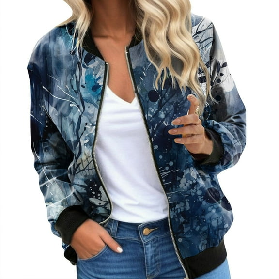 Womens Bomber Jacket 2025 Long Sleeve Zip Up Floral Outerwear Lightweight Loose Casual Fall Cardigan Coats With Pockets