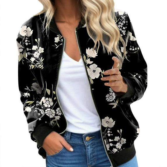 Womens Bomber Jacket 2025 Long Sleeve Zip Up Floral Outerwear Lightweight Loose Casual Fall Cardigan Coats With Pockets