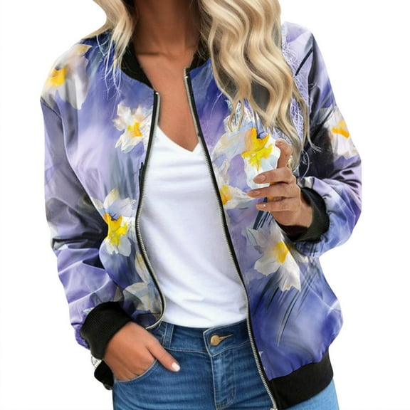 Womens Bomber Jacket 2025 Long Sleeve Zip Up Floral Outerwear Lightweight Loose Casual Fall Cardigan Coats With Pockets