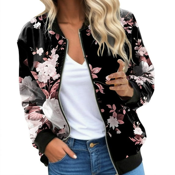 Womens Bomber Jacket 2025 Long Sleeve Zip Up Floral Outerwear Lightweight Loose Casual Fall Cardigan Coats With Pockets