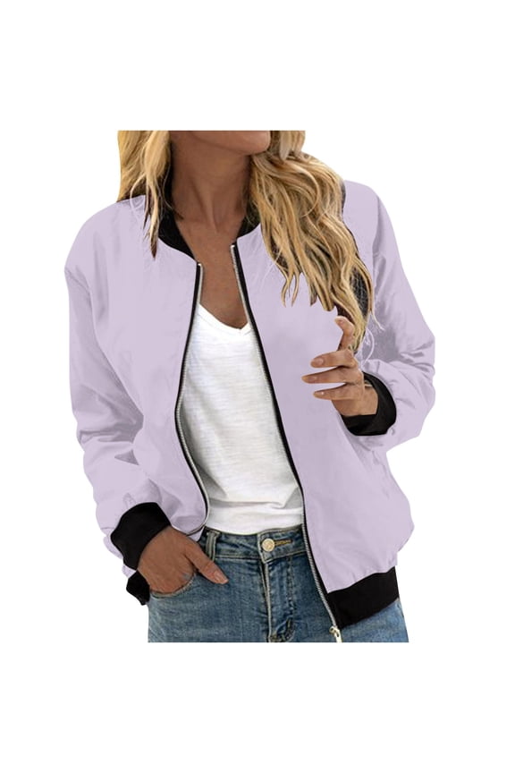 Womens Bomber Jacket 2026 Casual Coat Fall Fashion Lightweight Zip Up Long Sleeve Outerwear Windbreaker Pocket Going Out Tops Ladies
