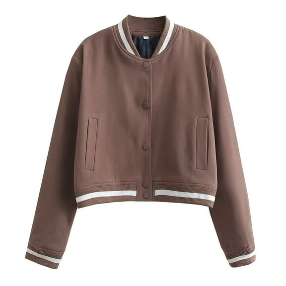 Womens Bomber Jacket Casual Varsity Jacket for Women Trendy with Striped Trim Classic College Style Outerwear bomber coat women Brown L