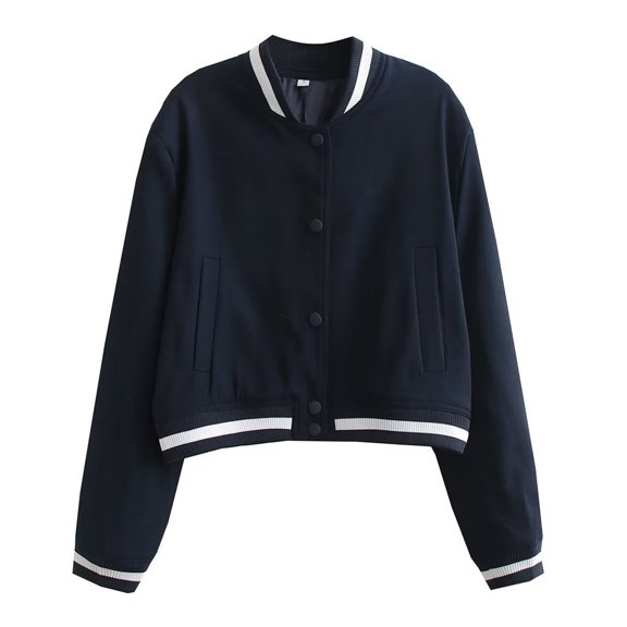 Womens Bomber Jacket Casual Varsity Jacket for Women Trendy with Striped Trim Classic College Style Outerwear bomber coat women Navy L
