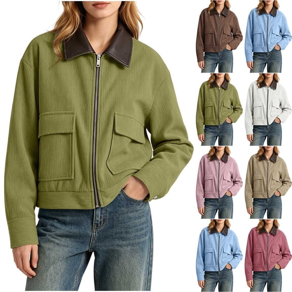 Womens Bomber Jacket Corduroy Splicing Leather Collar Coat Fall Winter Lightweight Utility Zip up Baseball Long Sleeve Jacket with Pockets Watermelon Red
